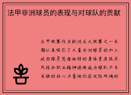 法甲非洲球员的表现与对球队的贡献